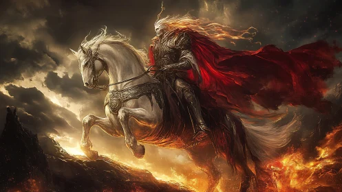 Armored warrior on rearing horse over fiery battlefield.