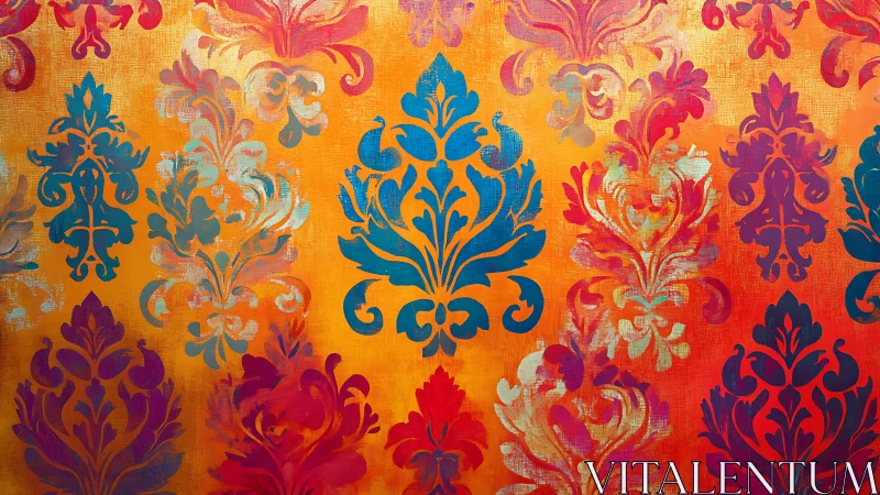 Ornate damask silhouettes glow against a warm orange field.