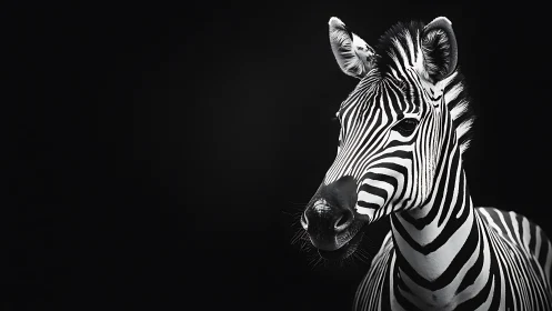 Monochrome zebra portrait on dark background in profile.