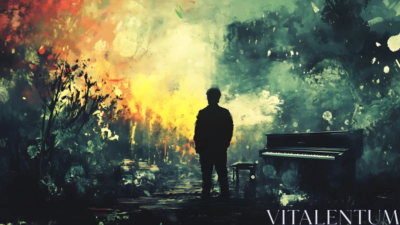 Solitary pianist stands before glowing forest horizon.