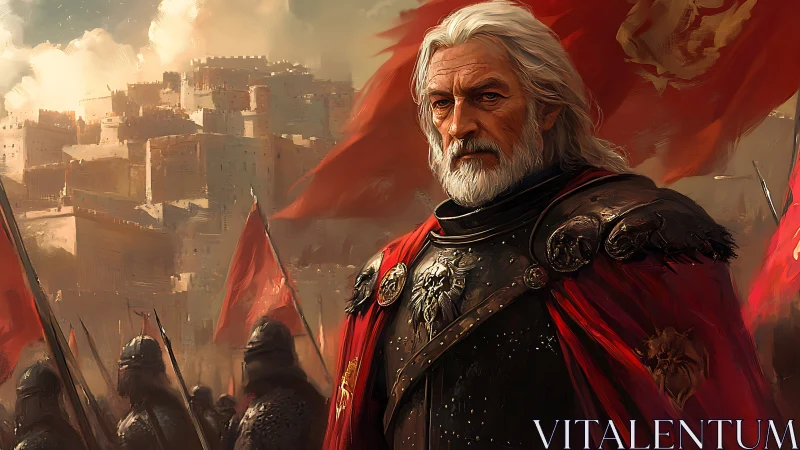 Weathered warlord gazes over a city on the brink of siege.