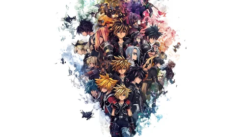 Crowded anime heroes form vertical splash of color