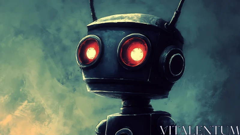 Robot with glowing red eyes stands against blurred teal fog