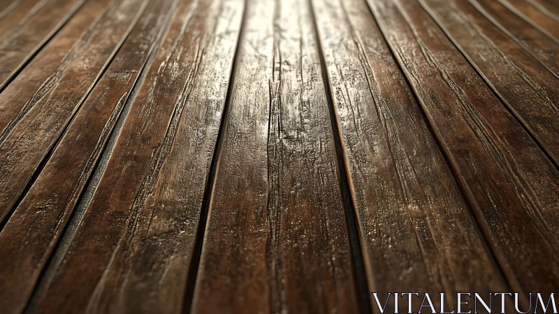 Weathered wooden floorboards glow in warm directional light.