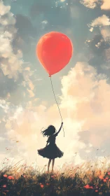 Silhouetted girl with red balloon in painterly sunset field.
