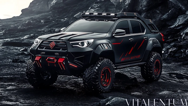 Matte black off-road truck dominates volcanic rock terrain.