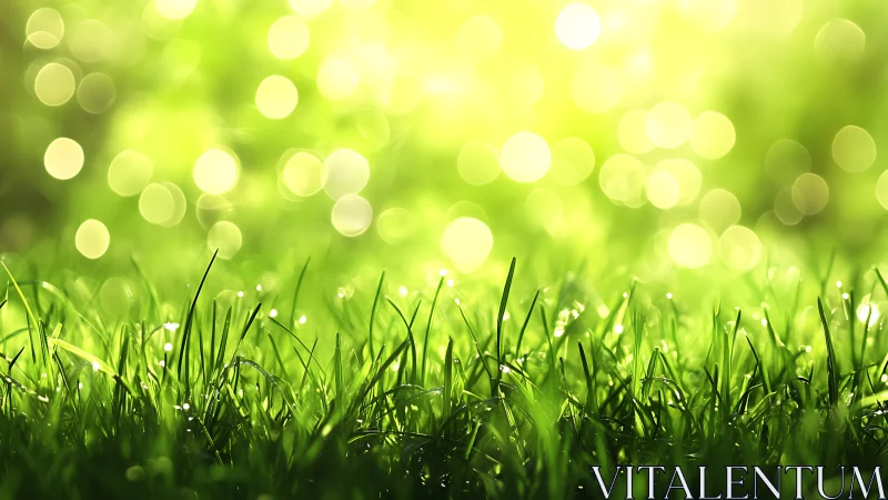 Photorealistic macro lawn with luminous spring bokeh field.