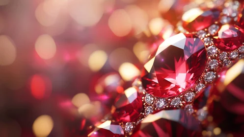 Macro closeup of faceted ruby gemstones in diamond halo setting
