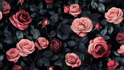 Pink and Red Roses Against Dark Foliage Background