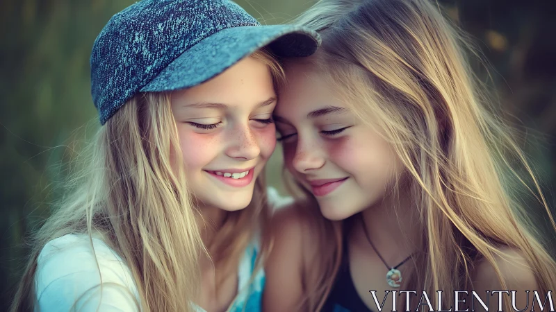 Two blonde children with denim cap displaying warm emotional connection and soft portrait lighting.