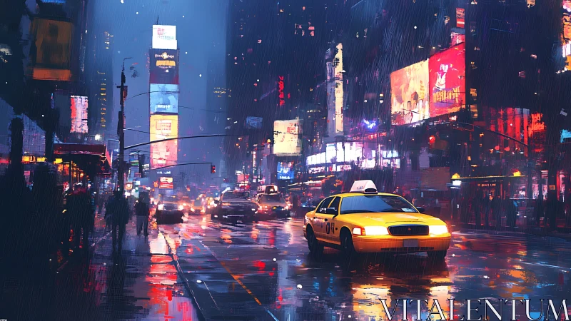 Neon rain crowns a lone yellow cab in midnight cityrush.