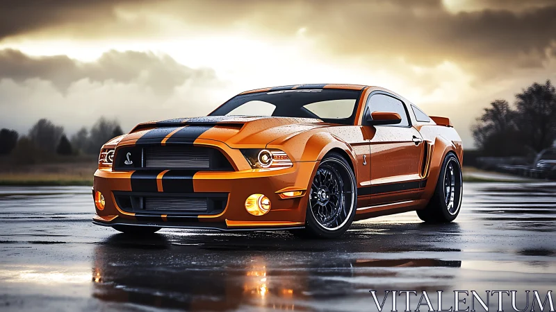 Stormlit copper muscle car prowling a rain glossed runway.