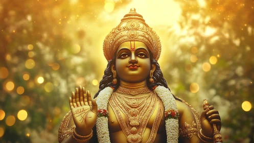 Golden deity statue offers calm blessing in soft glowing light
