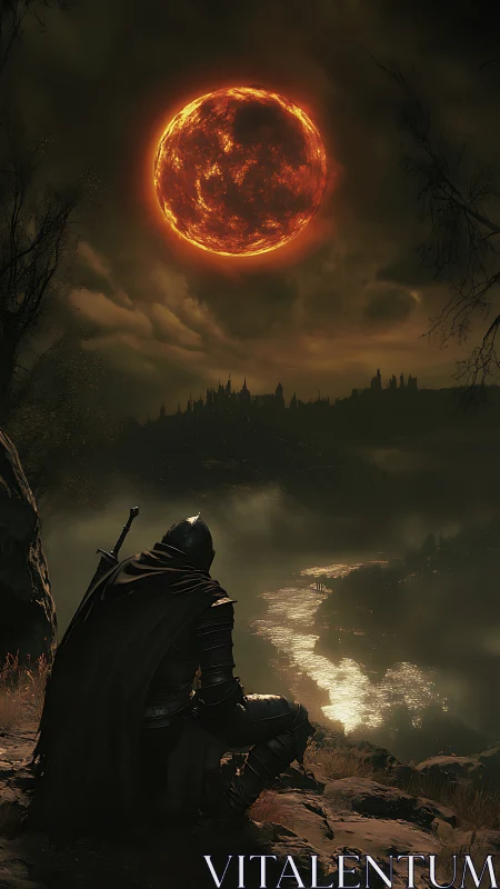 Armored wanderer under eclipsed molten sun above dark citadel