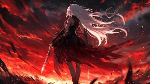 White-haired warrior stands over blazing red battlefield