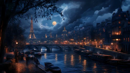 Moody moonlit Paris riverfront with Eiffel Tower view.