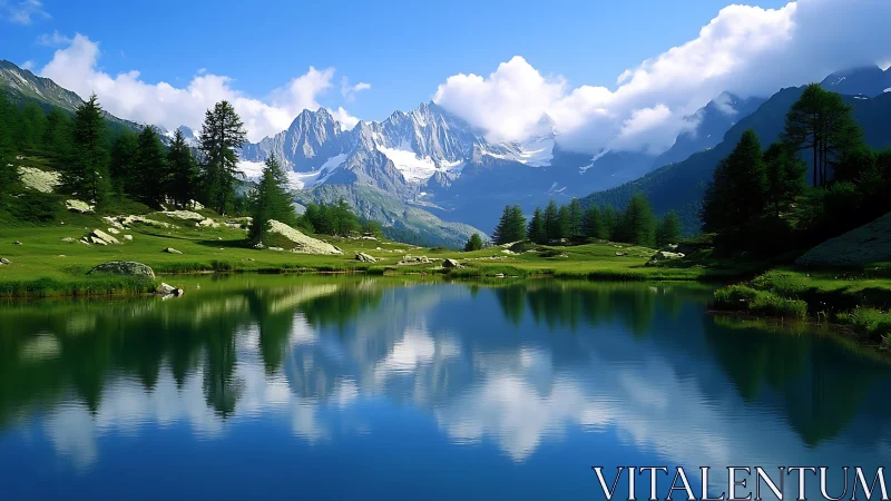 Mirror-still alpine lake quietly cradles cloud crowned peaks