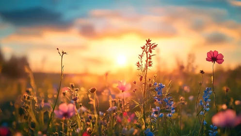 Wildflower Meadow at Golden Hour Sunset