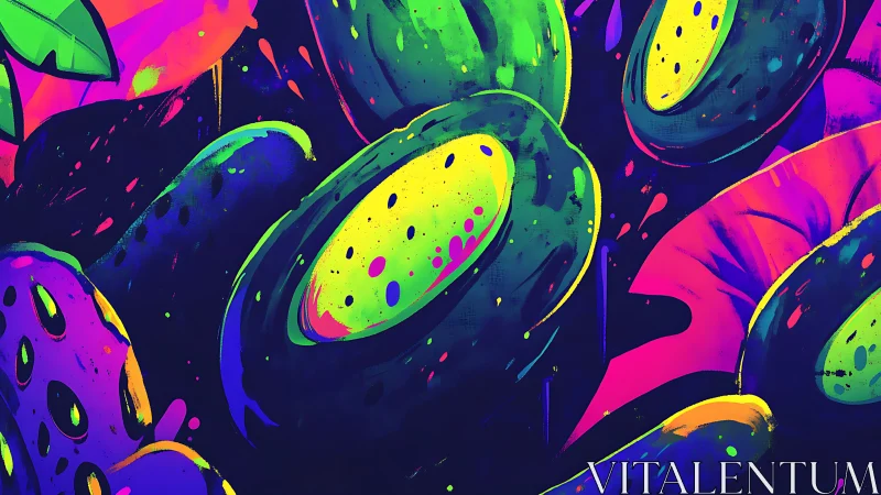 Neon jungle fruit orbiting in an ultraviolet dreamscape.