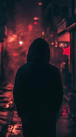 Hooded figure in neon lit alley at night with red haze.