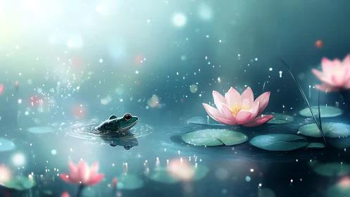 Bioluminescent pond microcosm with frog and lotus bloom.