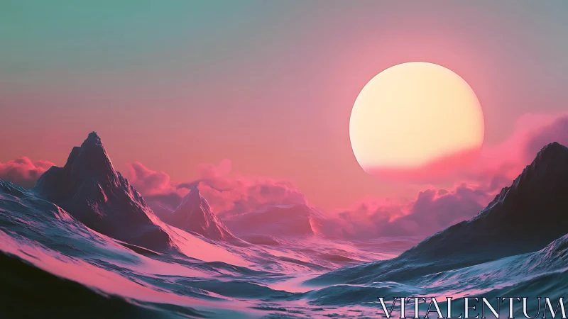 Neon-tinted alien seascape renders sharp peaks under overscaled sun