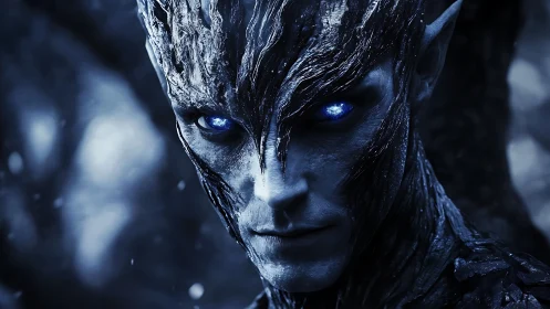 Frozen alien warlord portrait with glowing sapphire eyes.