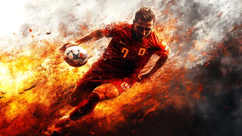 Dynamic digital art of soccer player in fiery motion.