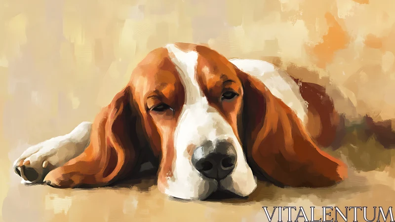 Basset hound portrait in warm-toned expressive brushwork.