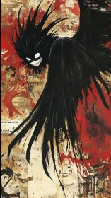 Grinning shadow demon sweeps across distressed red canvas