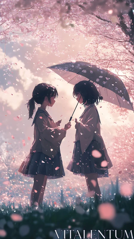 Anime spring vignette of two girls under sakura umbrella.