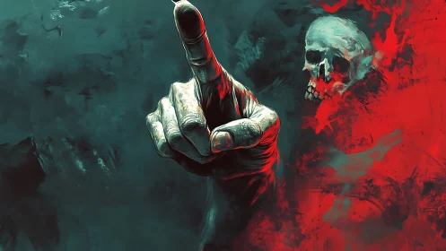 Crimson omen hand points from a storm of shadow and bone.