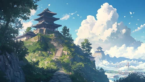 Mountain temple landscape under towering summer clouds.