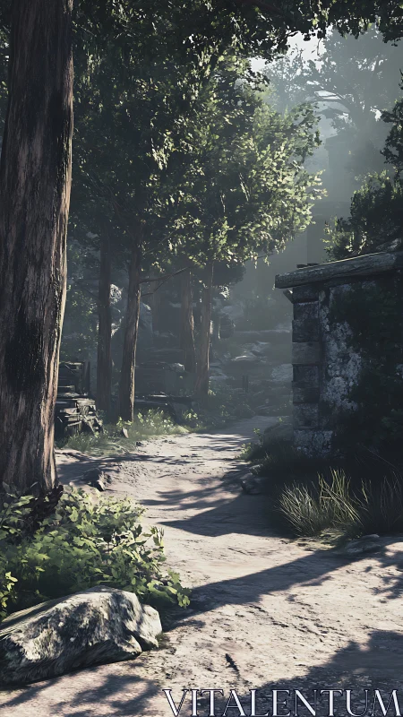 Sunlit Path Through Ancient Forest Ruins