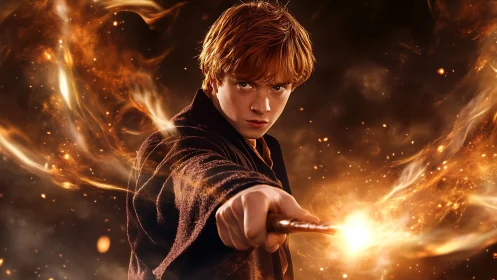 Fiery young wizard hurls swirling embers of raw magic power.