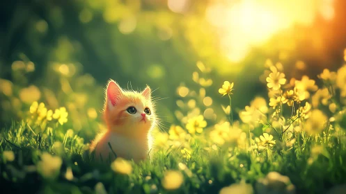 Golden hour kitten in meadow with shallow depth of field