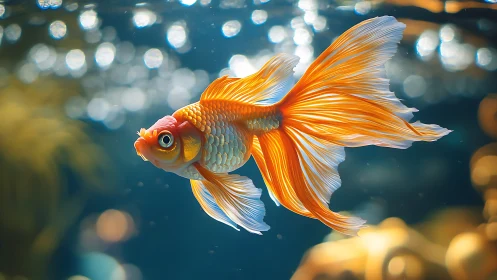 Golden koi drifts through shimmering blue aquarium light