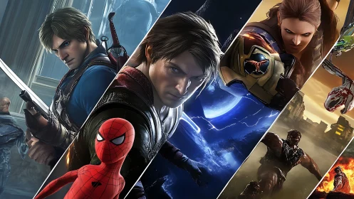 Dynamic gaming heroes montage in diagonal cinematic panels.