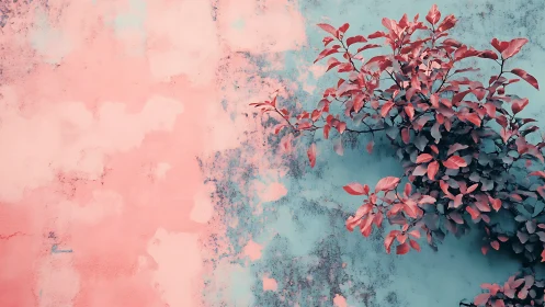 Vibrant pink plant against grunge pastel wall, surreal style.