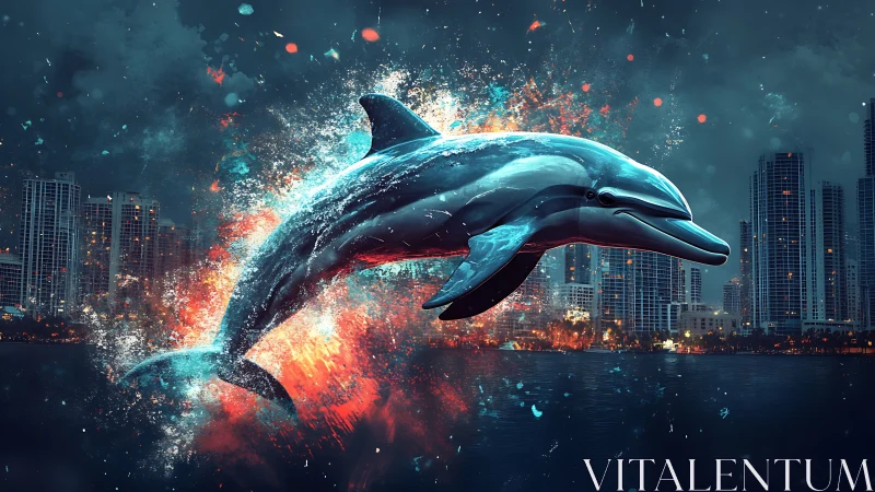 Digital painting of dynamic dolphin over neon city skyline.