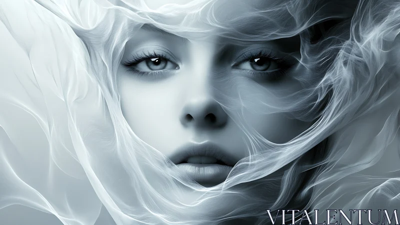 Digital female face is framed by semi‑transparent flowing forms