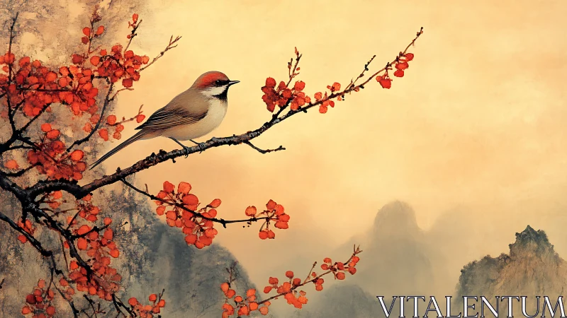 Gentle songbird rests on red blossoms above misty mountains