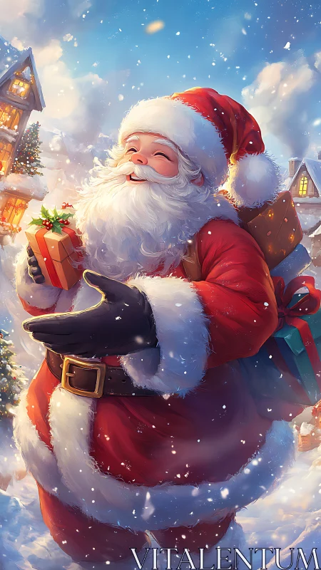 Joyful Santa holding gift in snowy Christmas village scene.