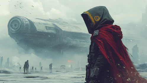 Hooded space wanderer surveys hovering battleship on wasteland