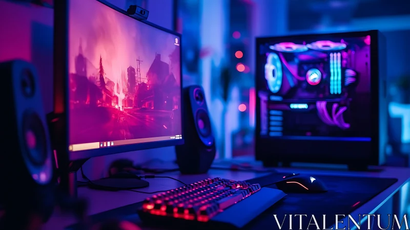 RGB-lit gaming PC desk with monitor and peripherals.