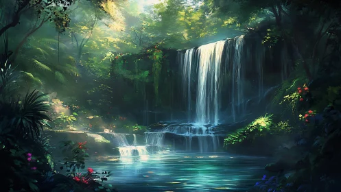 Sunlit jungle waterfall cascades into tranquil blue pool.