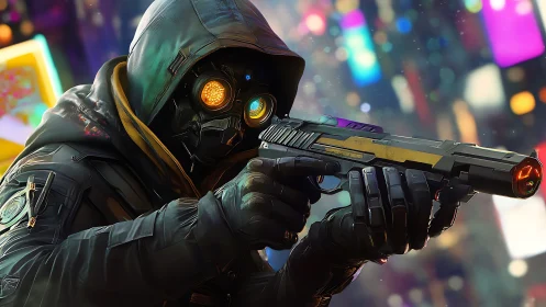 Neon city vigilante steadies a glowing pistol in the night