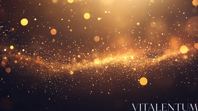 Abstract golden glitter and bokeh lights on dark background, digital art.