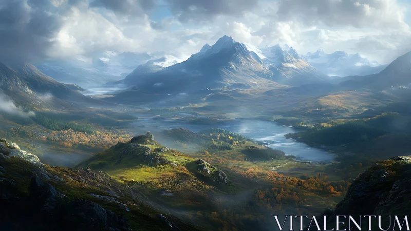 Epic digital valley landscape under dramatic mountain light.