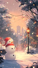 Snowy park snowman under lantern glow at winter dusk
